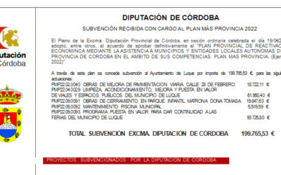 El Ayuntamiento recibe una subvención de la Diputación de Córdoba con cargo al Plan Más Provincia 2022